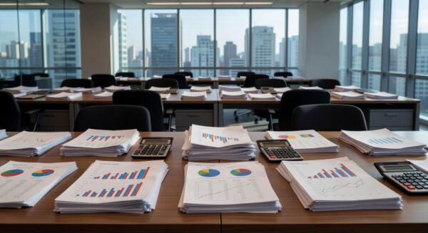 Escritório corporativo em São Paulo com documentos financeiros, representando elevação de custos para empresas no Brasil.