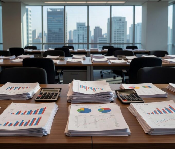 Escritório corporativo em São Paulo com documentos financeiros, representando elevação de custos para empresas no Brasil.