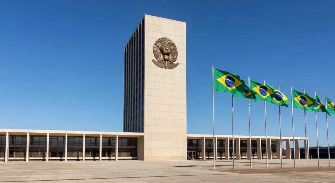 Edifício da Receita Federal no Brasil com símbolo do leão, representando o início das declarações do IRPF 2026.