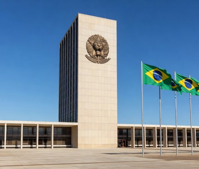 Edifício da Receita Federal no Brasil com símbolo do leão, representando o início das declarações do IRPF 2026.