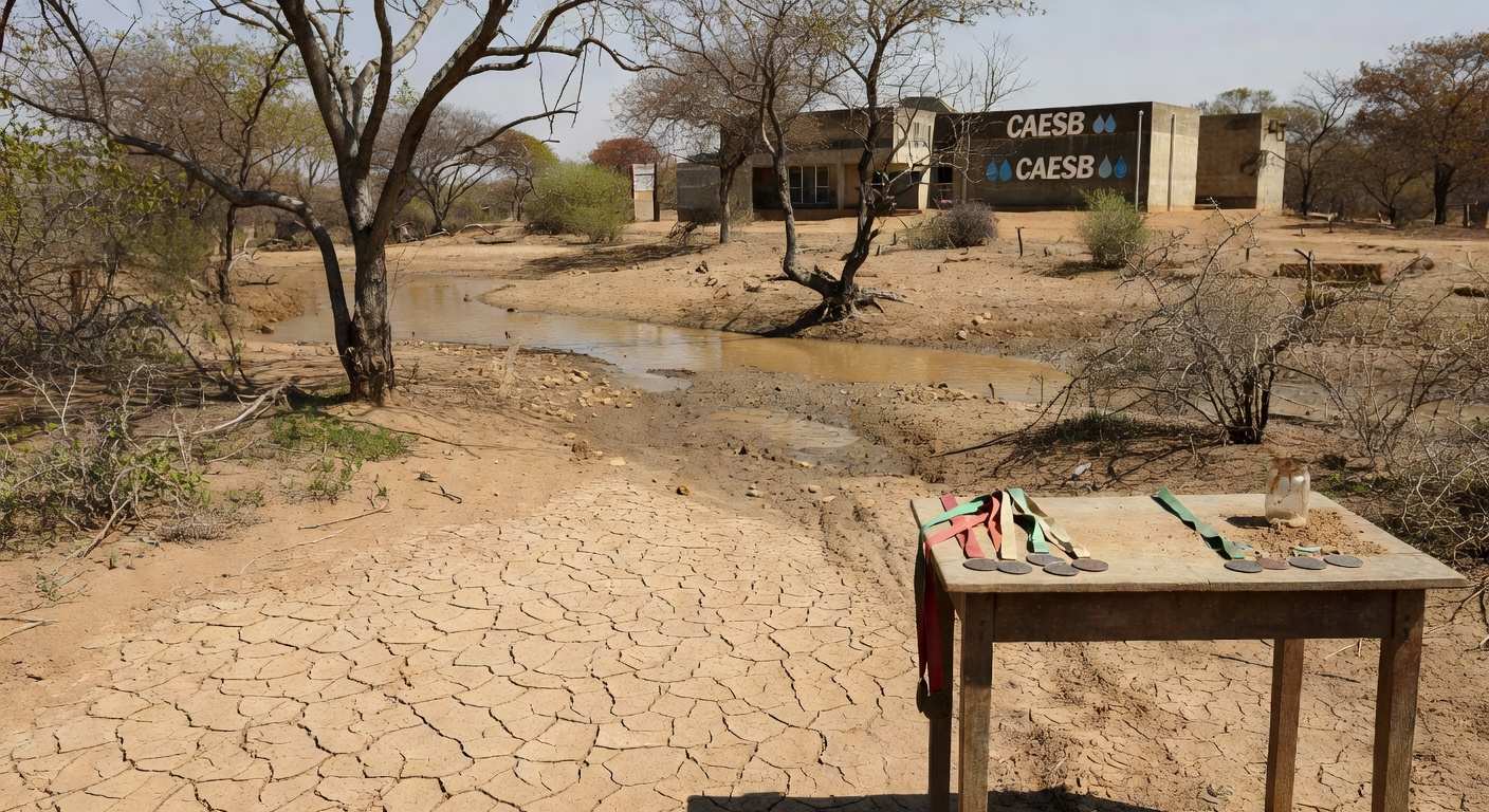 Reservatório de água com nível baixo em Brasília, destacando crise hídrica no DF durante evento da Caesb.