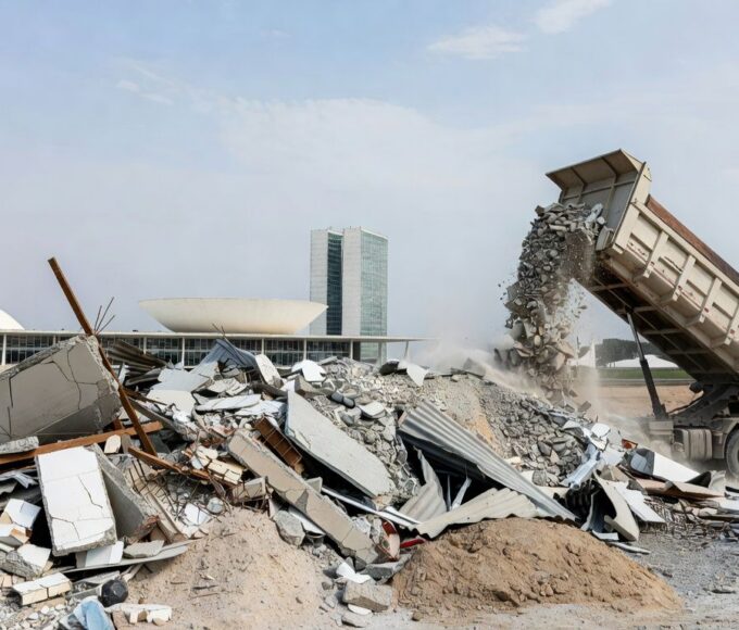 Pilha de entulho sendo removida por caminhão em Brasília, representando remoção de 98 mil toneladas pelo SLU no DF devido a descarte irregular.