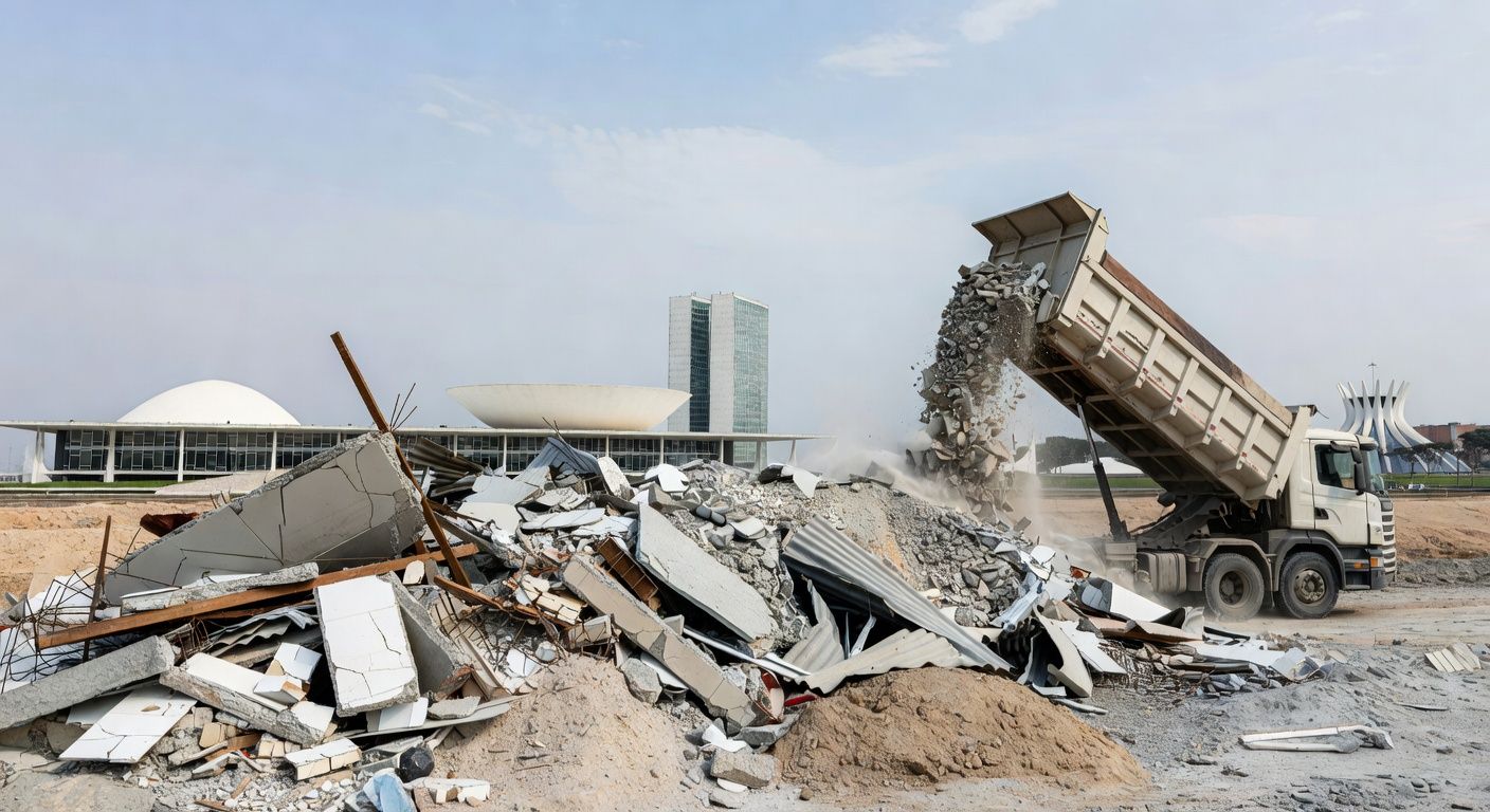 Pilha de entulho sendo removida por caminhão em Brasília, representando remoção de 98 mil toneladas pelo SLU no DF devido a descarte irregular.