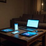 Sala de estar brasileira com dispositivos eletrônicos ligados, alertando sobre vício em telas para crianças.