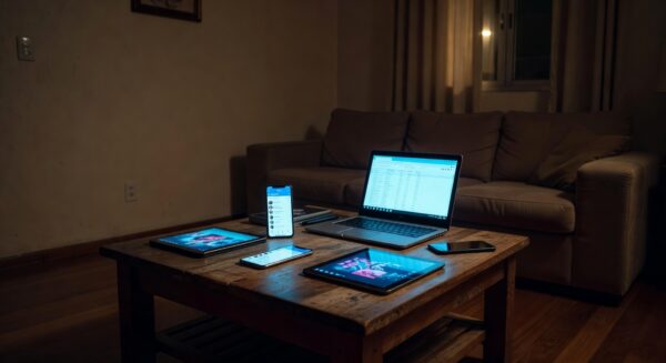 Sala de estar brasileira com dispositivos eletrônicos ligados, alertando sobre vício em telas para crianças.