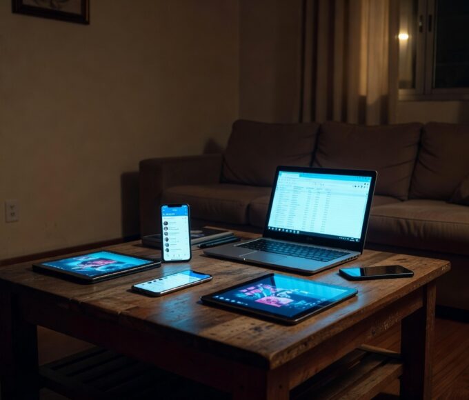 Sala de estar brasileira com dispositivos eletrônicos ligados, alertando sobre vício em telas para crianças.