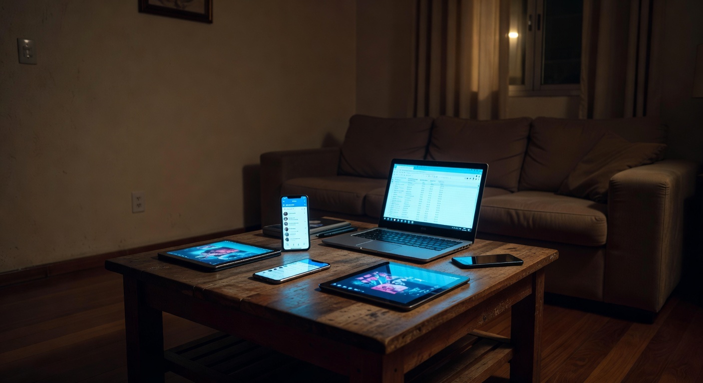 Sala de estar brasileira com dispositivos eletrônicos ligados, alertando sobre vício em telas para crianças.