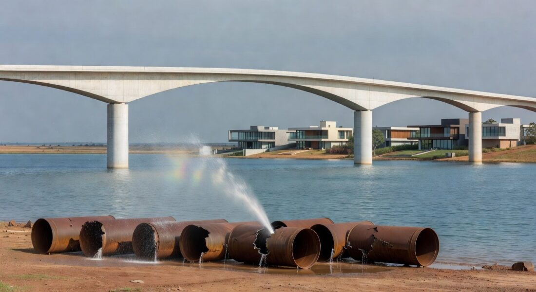 Obras de infraestrutura em Brasília com guindastes e materiais espalhados, indicando lentidão no DF.