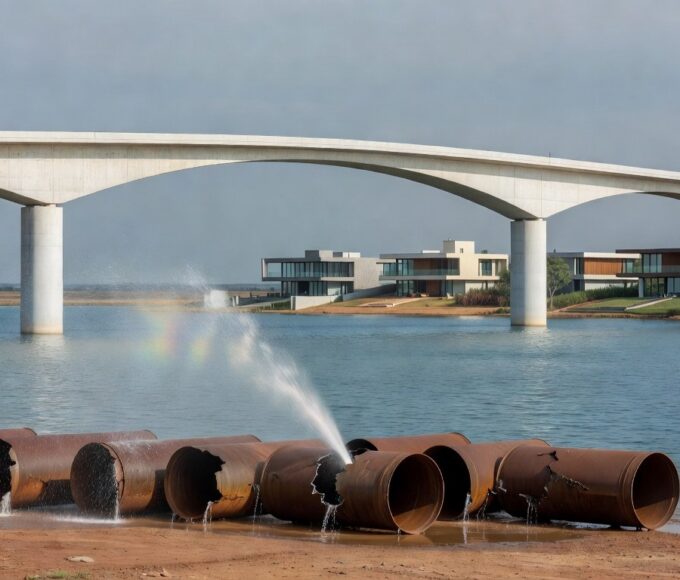 Obras de infraestrutura em Brasília com guindastes e materiais espalhados, indicando lentidão no DF.