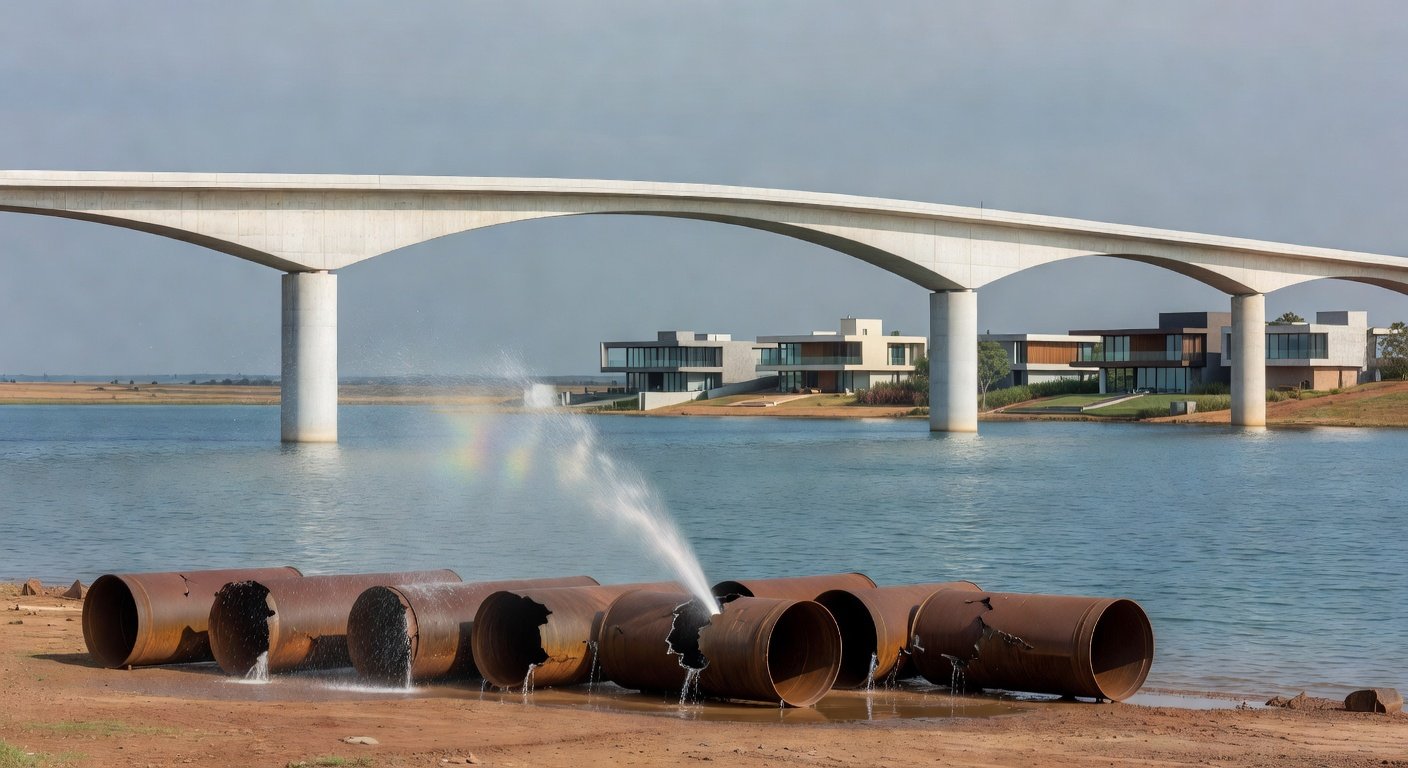 Obras de infraestrutura em Brasília com guindastes e materiais espalhados, indicando lentidão no DF.