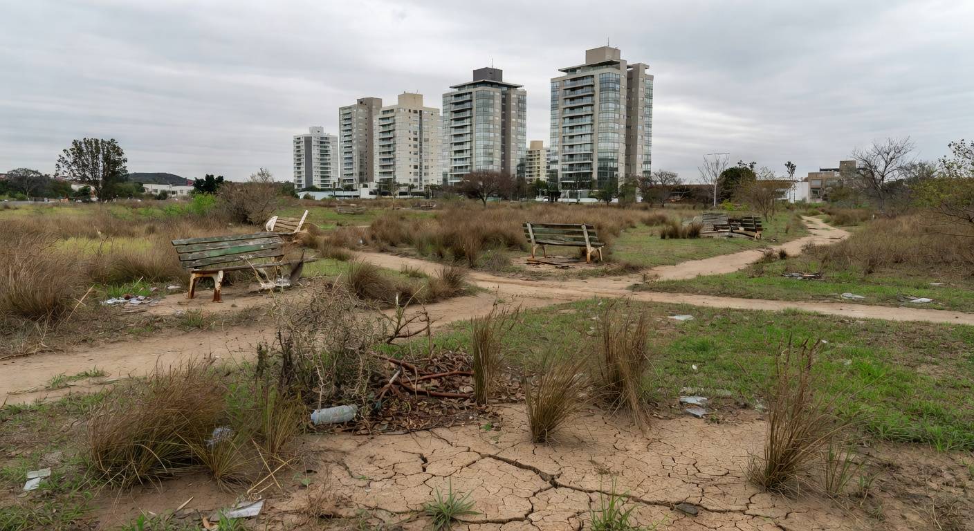 Vista urbana de Águas Claras com prédios altos e pouca vegetação, destacando falhas urbanas e ausência de áreas verdes em Brasília.