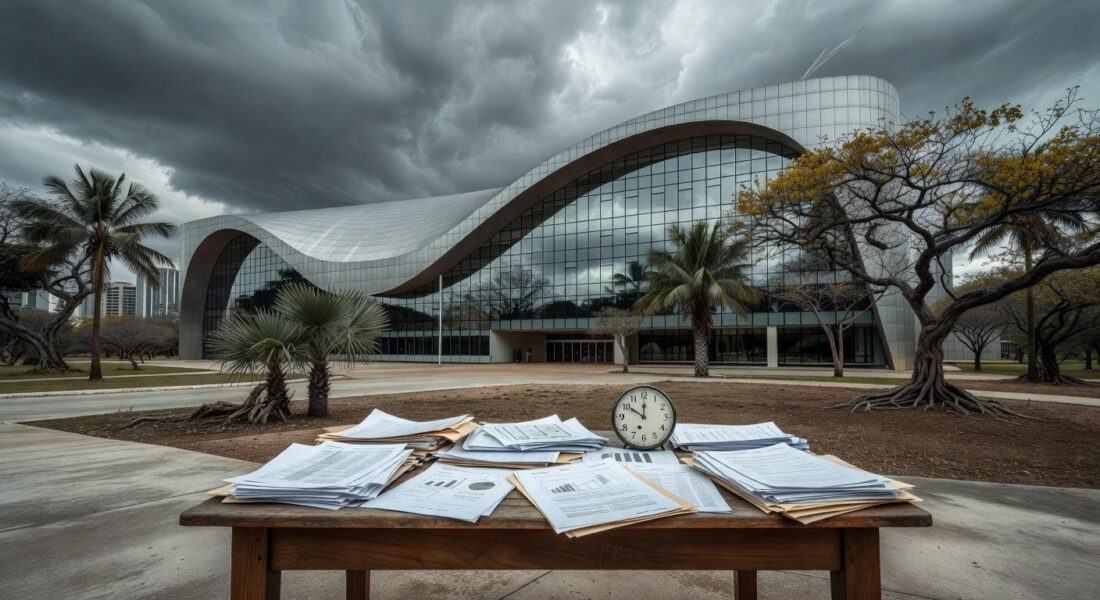 Fachada da sede do BRB em Brasília com documentos e relógio, simbolizando perda de prazo para balanço e possíveis sanções do BC.