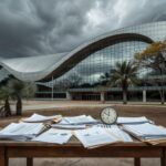 Fachada da sede do BRB em Brasília com documentos e relógio, simbolizando perda de prazo para balanço e possíveis sanções do BC.