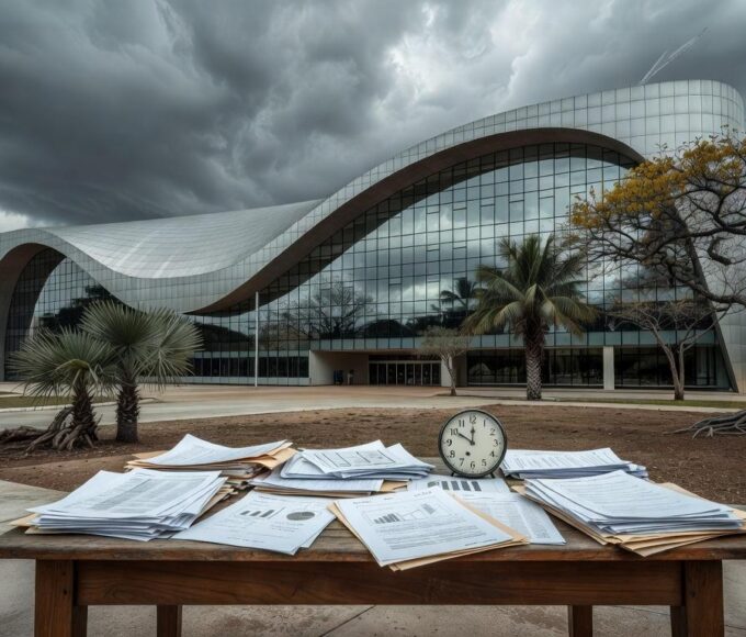 Fachada da sede do BRB em Brasília com documentos e relógio, simbolizando perda de prazo para balanço e possíveis sanções do BC.