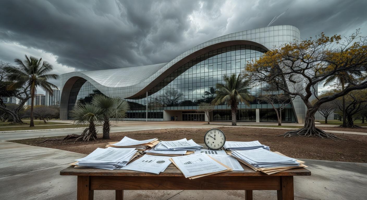 Fachada da sede do BRB em Brasília com documentos e relógio, simbolizando perda de prazo para balanço e possíveis sanções do BC.