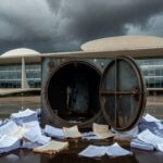 Documentos fiscais desorganizados em escritório governamental de Brasília, simbolizando falhas na gestão fiscal do DF.