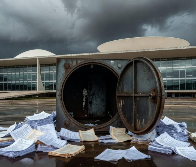 Documentos fiscais desorganizados em escritório governamental de Brasília, simbolizando falhas na gestão fiscal do DF.