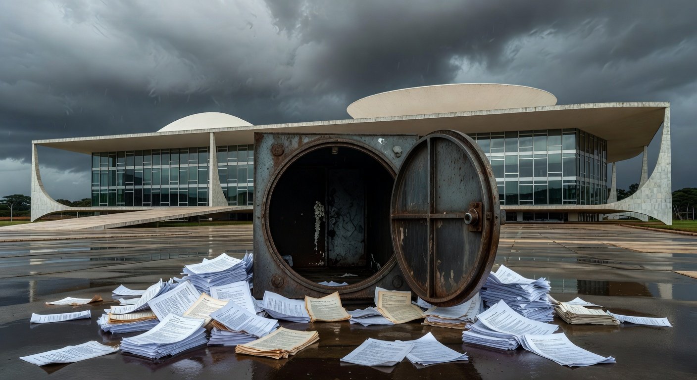 Documentos fiscais desorganizados em escritório governamental de Brasília, simbolizando falhas na gestão fiscal do DF.