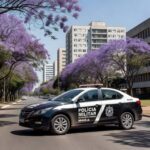 Viatura da PMDF na Asa Norte durante Operação Presença no DF, com arquitetura de Brasília ao fundo.