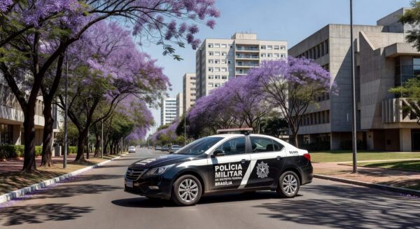 Viatura da PMDF na Asa Norte durante Operação Presença no DF, com arquitetura de Brasília ao fundo.