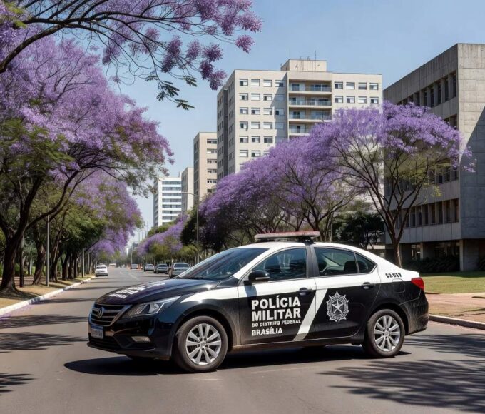 Viatura da PMDF na Asa Norte durante Operação Presença no DF, com arquitetura de Brasília ao fundo.
