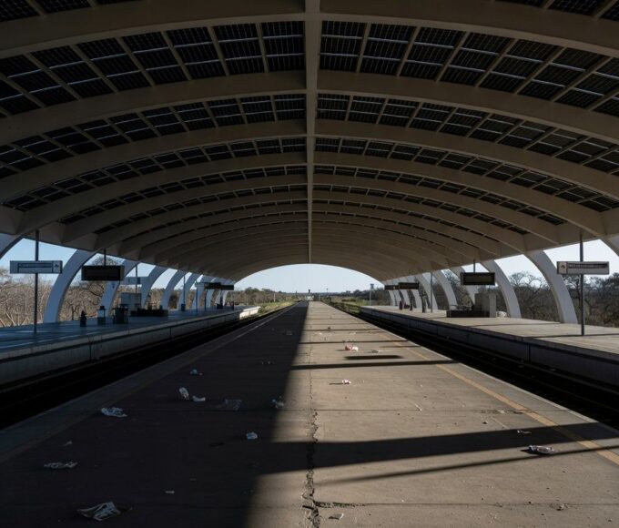 Estação de metrô em Brasília com trilhos vazios e documentos burocráticos, representando atrasos em contratações no Metrô-DF.
