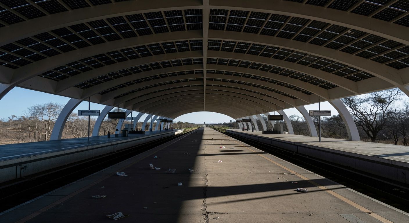 Estação de metrô em Brasília com trilhos vazios e documentos burocráticos, representando atrasos em contratações no Metrô-DF.
