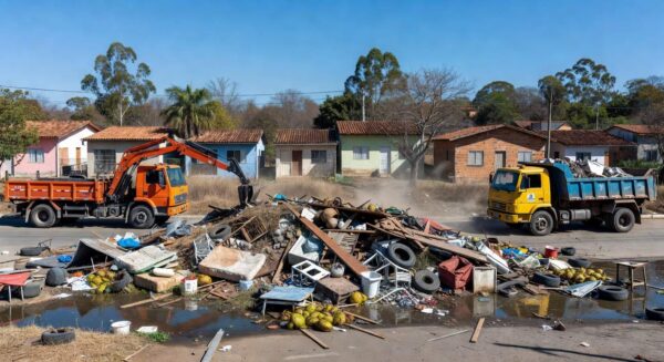 Caminhões removendo entulhos em rua do Riacho Fundo II durante mutirão contra dengue no DF.