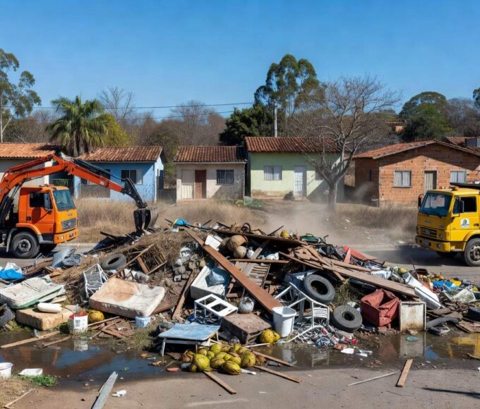 Caminhões removendo entulhos em rua do Riacho Fundo II durante mutirão contra dengue no DF.