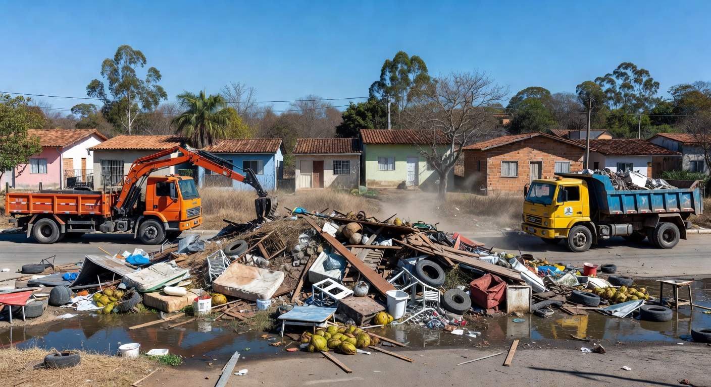 Caminhões removendo entulhos em rua do Riacho Fundo II durante mutirão contra dengue no DF.