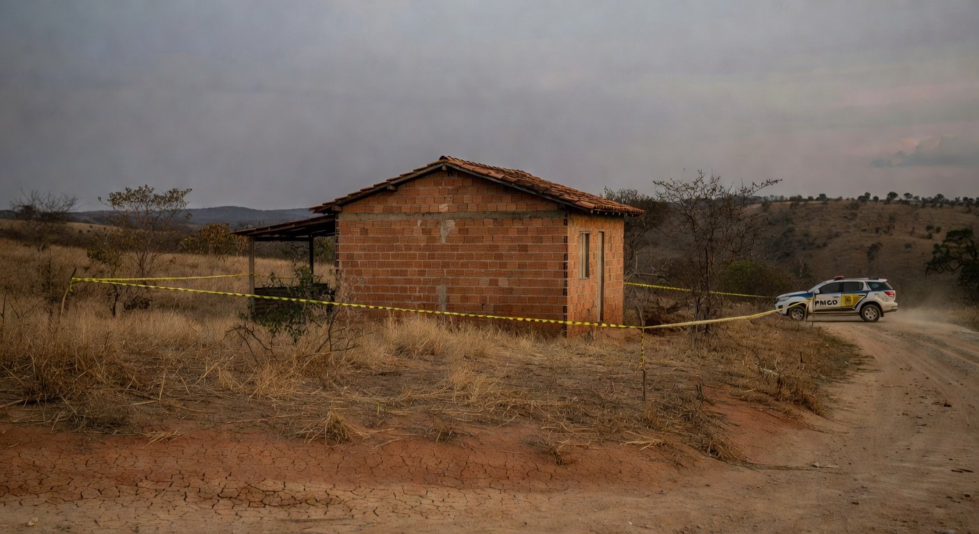 Casa isolada com fita policial em Águas Lindas (GO), cena de crime sem pessoas, representando tragédia familiar.