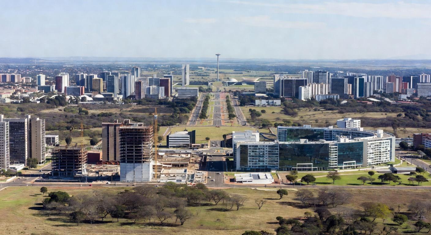 Vista aérea de expansão urbana no Distrito Federal com novas construções e investimentos em regiões administrativas.