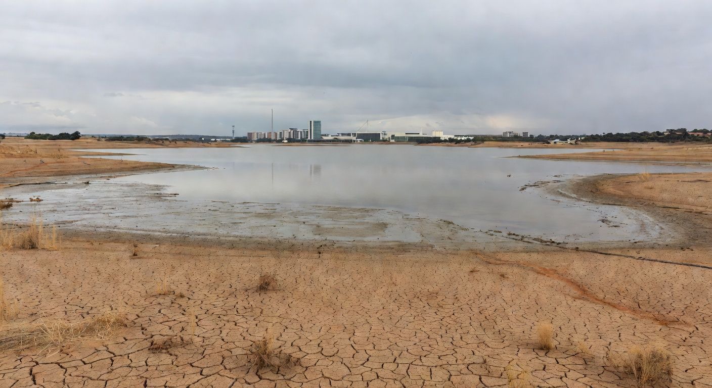 Reservatório de água com nível baixo em Brasília, destacando falhas na segurança hídrica do DF no aniversário da Caesb.