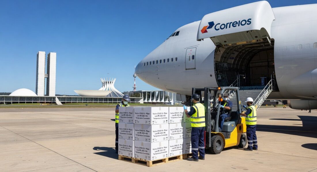 Caixas de vacinas contra Covid-19 chegando ao Distrito Federal do Ministério da Saúde, em aeroporto de Brasília.