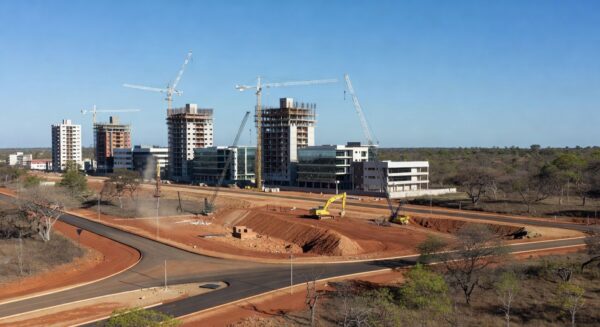 Vista de área urbana em desenvolvimento em Riacho Fundo II, Distrito Federal, com construções e infraestrutura moderna.