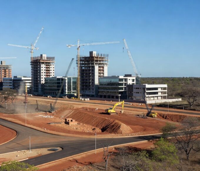 Vista de área urbana em desenvolvimento em Riacho Fundo II, Distrito Federal, com construções e infraestrutura moderna.