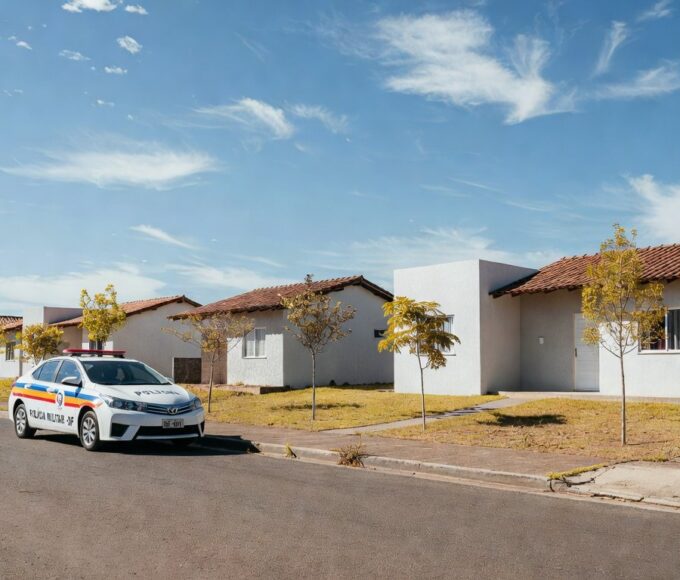 Viatura da PMDF em rua residencial no Recanto das Emas, ilustrando identificação de crianças em vulnerabilidade.