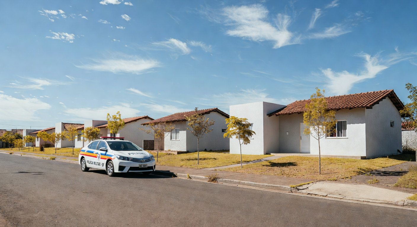 Viatura da PMDF em rua residencial no Recanto das Emas, ilustrando identificação de crianças em vulnerabilidade.