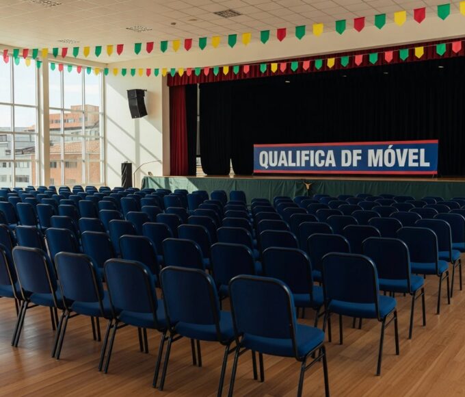 Auditório no Paranoá com palco e banner do QualificaDF Móvel para formatura de alunos.