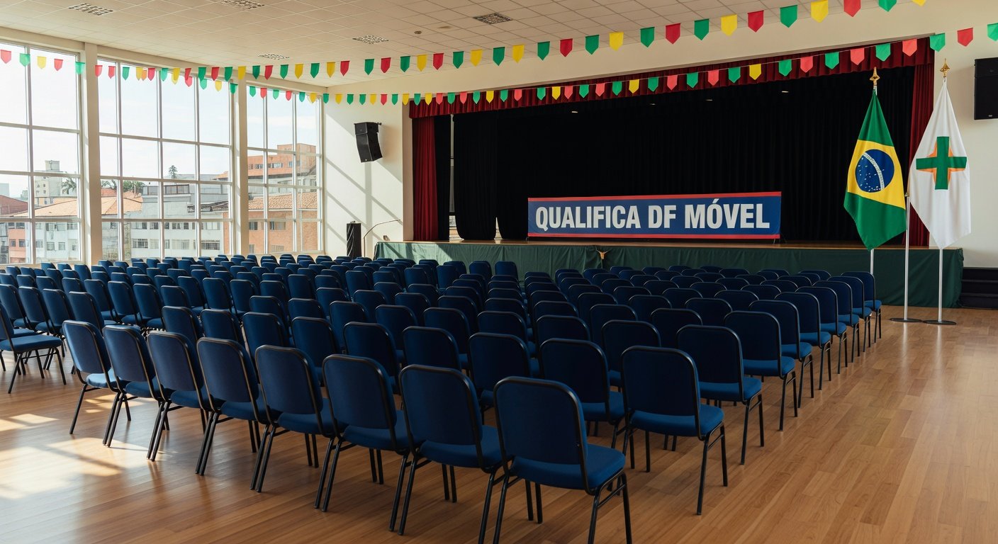 Auditório no Paranoá com palco e banner do QualificaDF Móvel para formatura de alunos.
