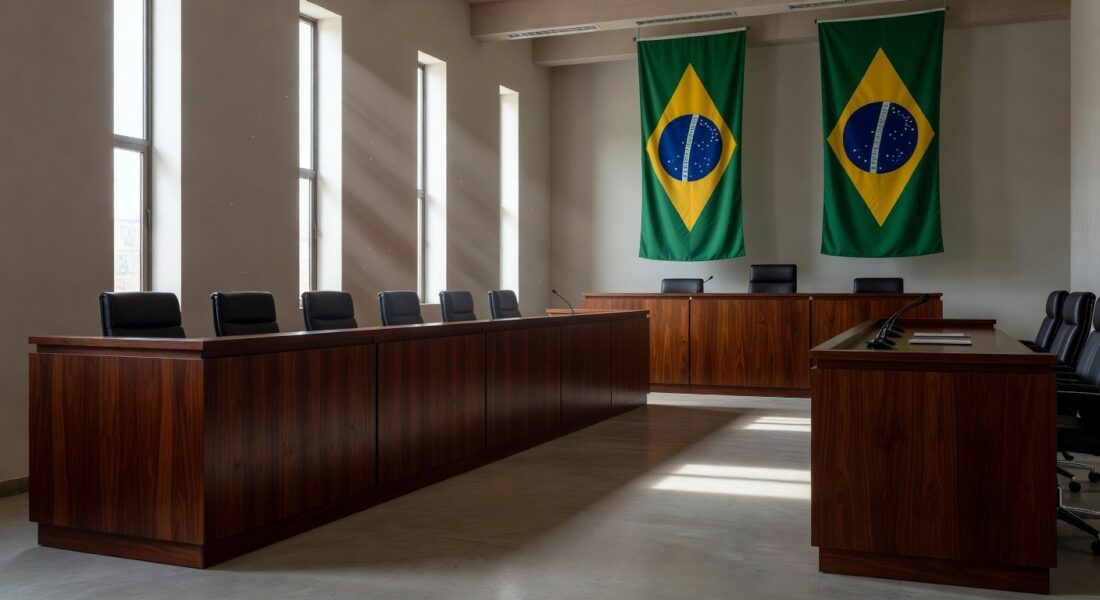 Tribunal vazio em Planaltina, DF, representando julgamento da maior chacina do Centro-Oeste.