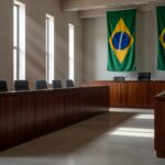 Tribunal vazio em Planaltina, DF, representando julgamento da maior chacina do Centro-Oeste.