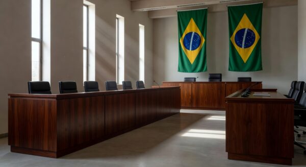 Tribunal vazio em Planaltina, DF, representando julgamento da maior chacina do Centro-Oeste.