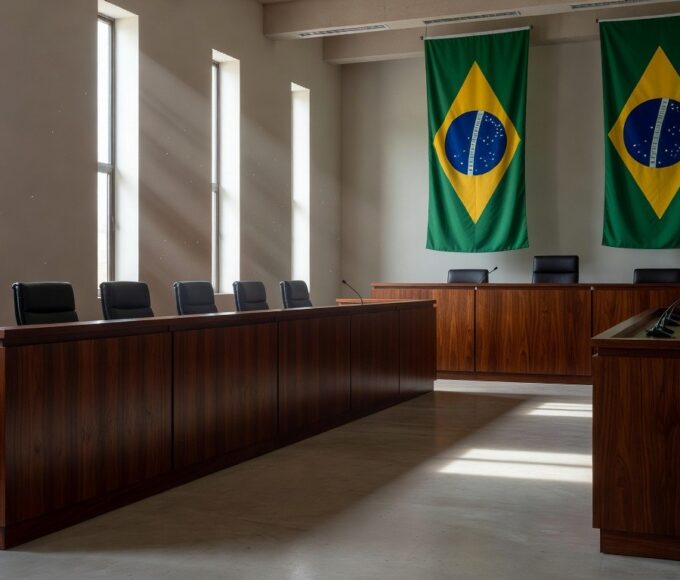 Tribunal vazio em Planaltina, DF, representando julgamento da maior chacina do Centro-Oeste.