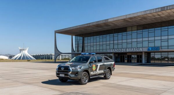 Viatura da Polícia Federal em frente ao Banco de Brasília, simbolizando prisão de ex-presidente comentada pela governadora Celina Leão.