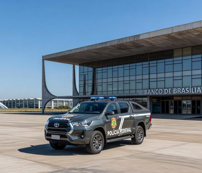 Viatura da Polícia Federal em frente ao Banco de Brasília, simbolizando prisão de ex-presidente comentada pela governadora Celina Leão.
