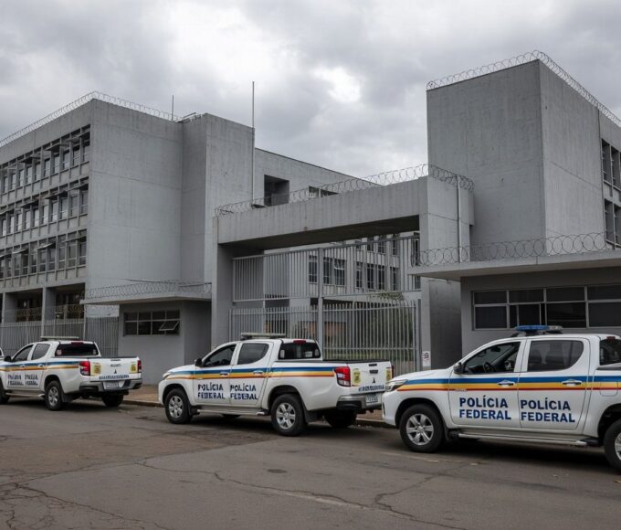 Exterior da prisão Papuda em Brasília com viaturas da Polícia Federal, representando a Operação Compliance Zero.
