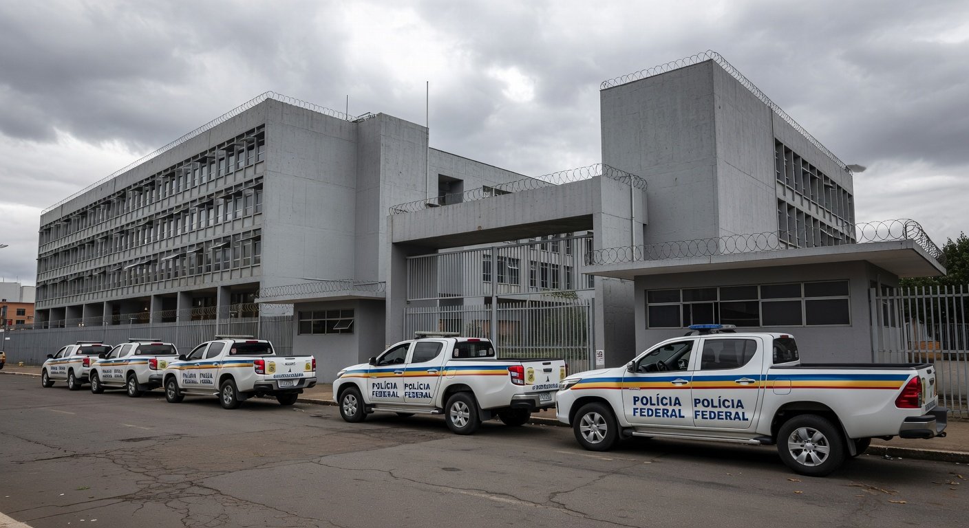 Exterior da prisão Papuda em Brasília com viaturas da Polícia Federal, representando a Operação Compliance Zero.