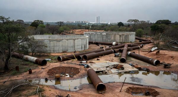 Obras de abastecimento de água atrasadas no DF, com tubulações e reservatórios inacabados, destacando anos de racionamento e falhas governamentais.