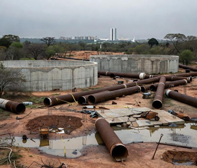 Obras de abastecimento de água atrasadas no DF, com tubulações e reservatórios inacabados, destacando anos de racionamento e falhas governamentais.